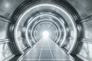 Fototapeta premium Futuristic tunnel with metallic walls and bright lights creating a sci-fi atmosphere, perfect for technology and science fiction themes.