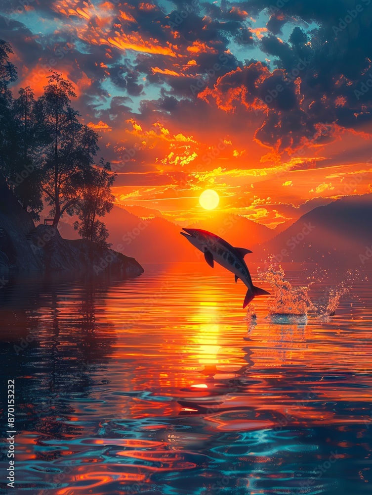 Wall mural Dolphin jumping in the water at sunset.