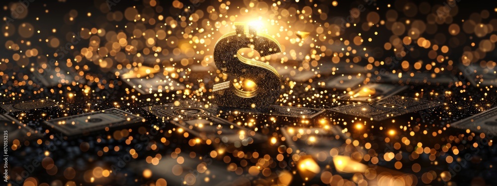 Poster gold dollar icon in the middle in background colors matrix code bareilly.