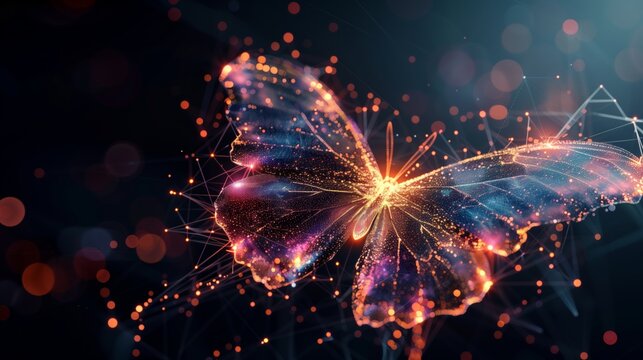 Radiant Digital Butterfly Formed by Glowing Particles Floating in a Futuristic Network, Symbolizing Innovation and Limitless Transformation