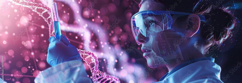 Aufkleber scientist analyzing data in futuristic lab with digital interface and glowing test tube