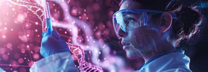 Scientist analyzing data in futuristic lab with digital interface and glowing test tube