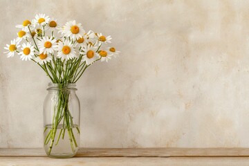 A bouquet of daisies in a clear glass vase against a rustic background, adding a touch of nature and simplicity to any setting.