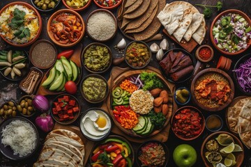 A colorful assortment of fresh vegetables, dips, and bread on a rustic table. Perfect for healthy eating, vegan, and mediterranean cuisine themes.