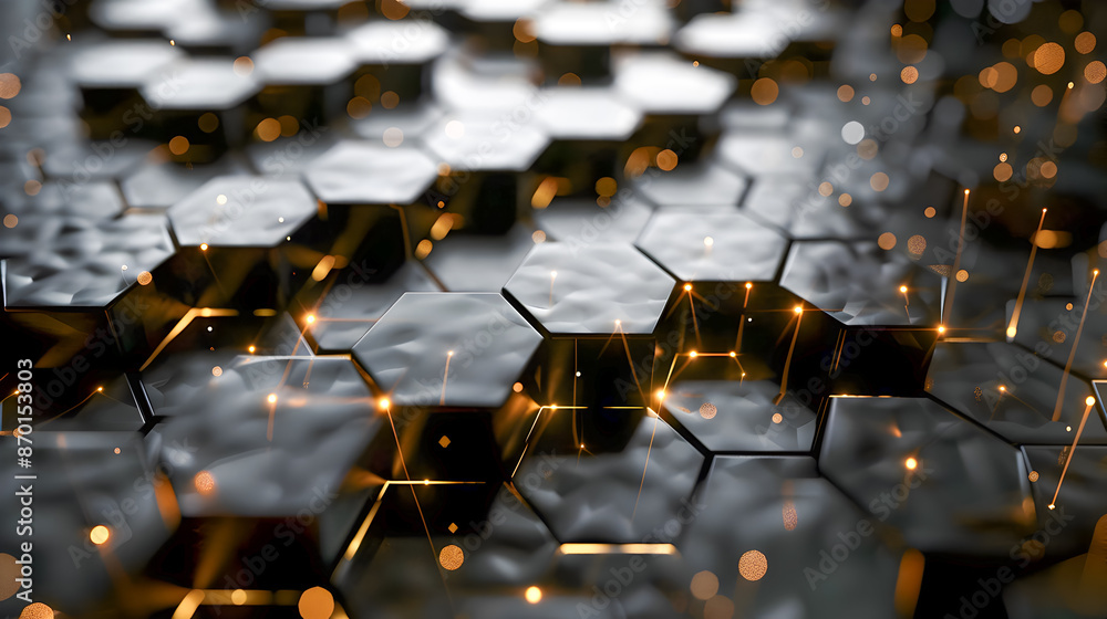 Poster dramatic industrial inspired hexagonal metal backdrop with pulsing golden light threads illuminating
