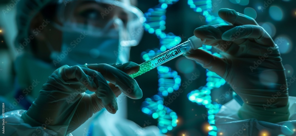 Poster scientist in protective gear analyzing virus using advanced ai technology in laboratory setting
