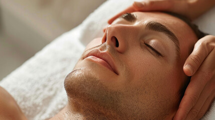 A man is getting a facial treatment. The man is smiling and relaxed