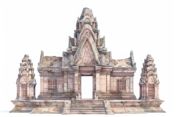Naklejka premium Ancient stone temple with intricate carvings and statues, showcasing historical architecture on a white background.