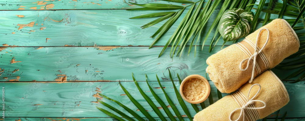 Poster a green background with two towels and a small bowl. the towels are tied with strings and the bowl i