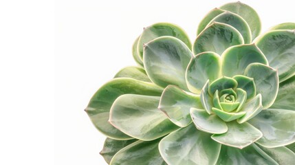 Close-up of a green succulent plant on a white background, showcasing its lush and intricate rosette pattern.