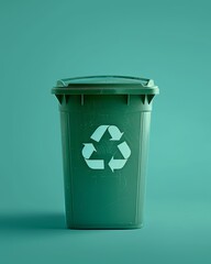 A green recycling bin with a white recycling symbol on the front, standing against a matching green background.