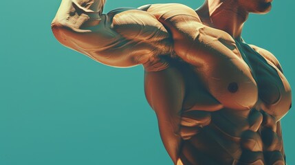 A highly muscular individual flexes their upper arm and chest against a teal background, displaying a detailed and well-defined physique.