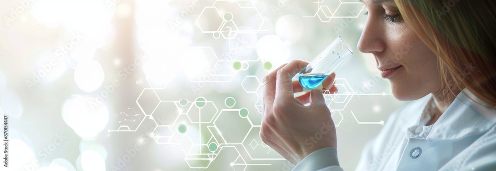 Poster scientist analyzing a test tube in laboratory with chemistry formulas in background