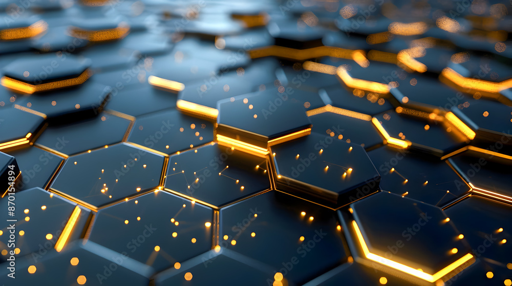 Poster towering hexagonal black metal backdrop with shimmering golden light threads tracing the geometric f