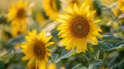 Fototapeta premium Sunflowers turn their heads to follow the sun, their bright yellow blooms a cheerful sight in the summer fields.