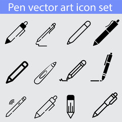 Pen vector icons. Simple illustration set of 12 pen elements, editable icons, can be used in logo, UI and web design
