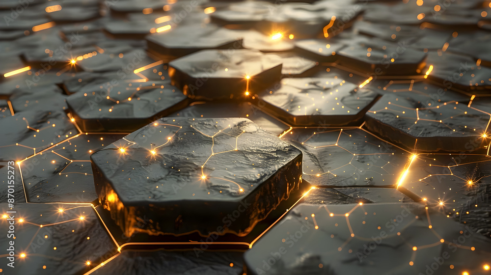 Poster vast network of hexagonal black metal planes with pulsing golden energy lines illuminating the surfa