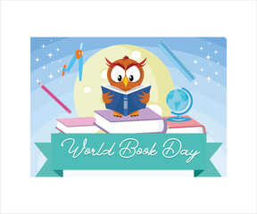 World Book Day Design by Owl Reading A Book. Flat vector modern illustration