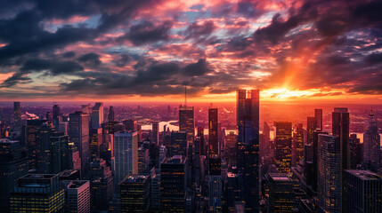 Obraz premium Sunset Over City Skyline with Dramatic Clouds, Cityscape