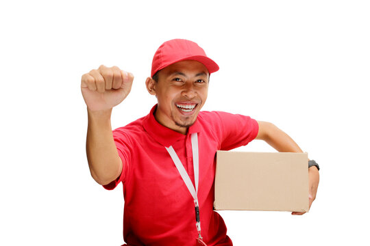 Asian delivery man or courier gesturing a knocking-the-door gesture, symbolizing delivering a package to the customer's front door, representing express delivery concept, isolated on white background
