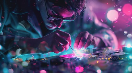 A person is intently working on a circuit board, surrounded by vibrant, colorful lights in a focused, high-tech environment.