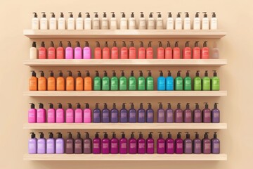 Naklejka premium A vibrant display of colorful shampoo bottles arranged neatly on shelves, creating an aesthetically pleasing and organized look for beauty products.