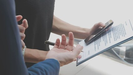 senior man and insurance agent claim process after car crash