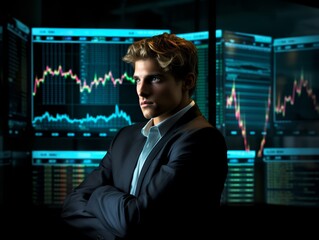 Fototapeta premium A man in a suit stands confidently with arms crossed in front of multiple large screens displaying stock market data and financial graphs.