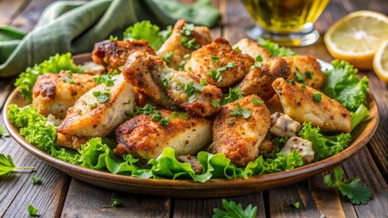 Fototapeta premium Savory garlic parmesan chicken wings perfectly arranged on a plate, sprinkled with parsley, atop a bed of crispy lettuce and croutons.
