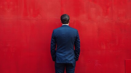 Obraz premium A Man in a Suit Standing Before a Red Wall