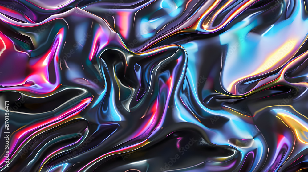 Poster captivating neon color shifting gradients in a fluid undulating pattern across a polished jet black 