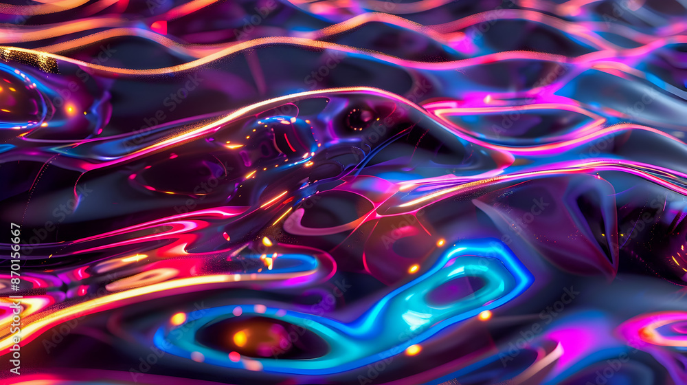 Poster captivating neon color shifting gradients in a fluid undulating pattern across a polished jet black 