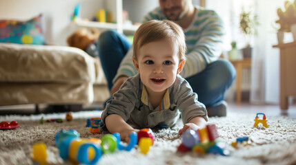 Parent and Child Playing with Toys on the Floor in a Bright Living Room