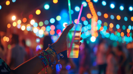 Woman Holding Colorful Drink at Neon-Lit Night Music Festival