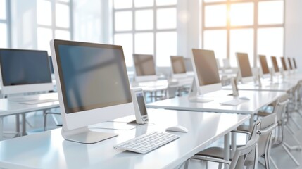 Modern computer lab with bright windows and white desks.