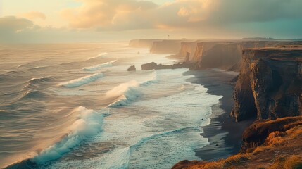 Stunning coastal scenery with cliffs, crashing waves and a lighthouse in the distance.