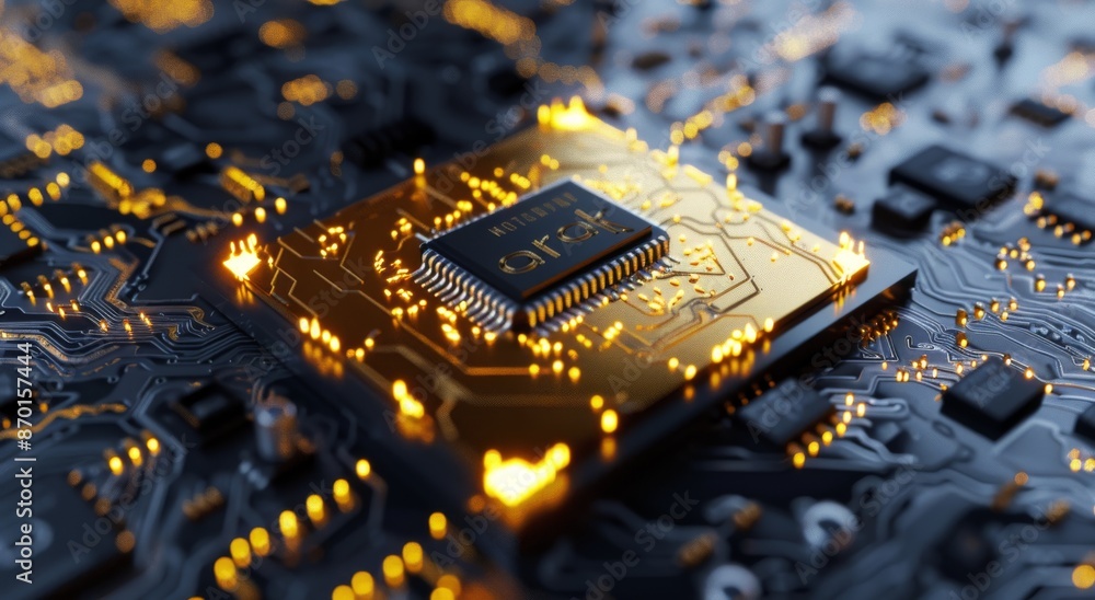Poster close-up of a shiny gold computer chip with intricate circuits on a black background