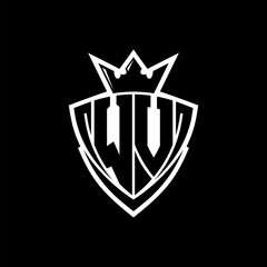 WV Letter logo with sharp triangle shield shape with crown inside white outline on black background template design