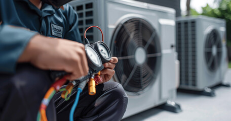 Technician Checking Air Conditioner with Meters for Airflow in Industrial Setting