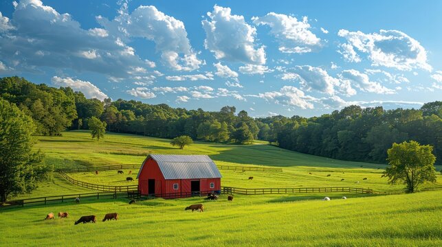 Picturesque farm with red barn green field and animals graze under the blue sky - Powered by Adobe