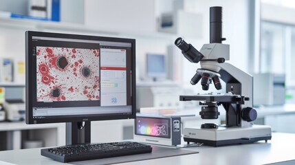 A microscope with a built-in camera that takes pictures of cell samples. The images are displayed on a monitor next to the microscope.