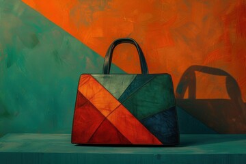 Stylish geometric handbag with vibrant colors in an artistic setting, perfect for fashion and design concepts.