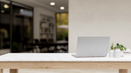 A back view image of a laptop computer and decorative plants on a white tabletop in a modern office.
