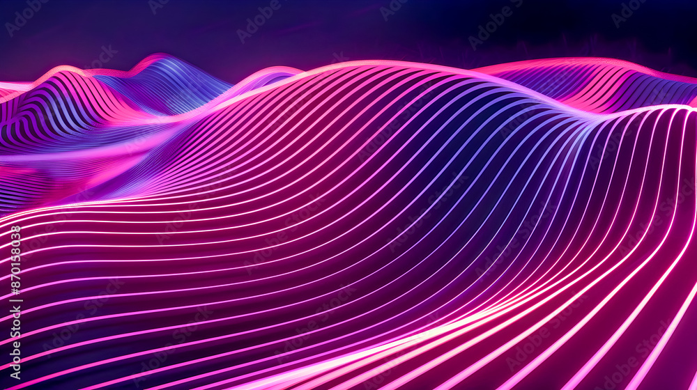 Poster striking abstract design with vibrant luminous neon lines in a rhythmic flowing pattern against a sl