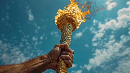A man hand holds a torch with the Olympic flame. Blue sky background with clouds.