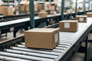 Closeup of multiple cardboard box packages seamlessly moving along a conveyor belt