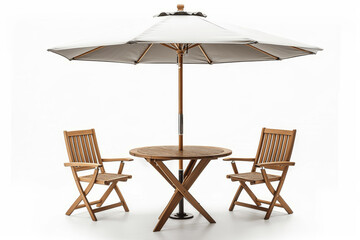 Round teak garden table with two chairs and parasol umbrella on white background