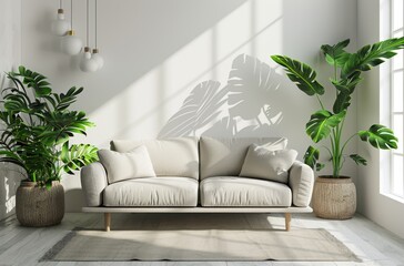 Modern white living room interior with plants and cozy sofa
