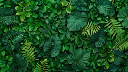 A lush, vibrant tropical green foliage background with various leaves, creating a natural, fresh, and lively atmosphere.