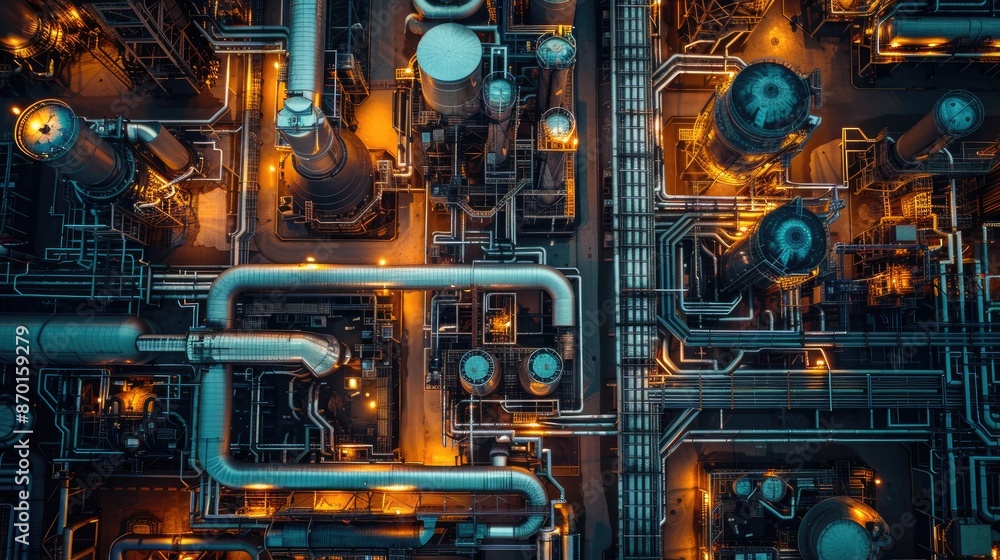 Poster drone view of a sprawling industrial complex with engineers monitoring operations from a central hub